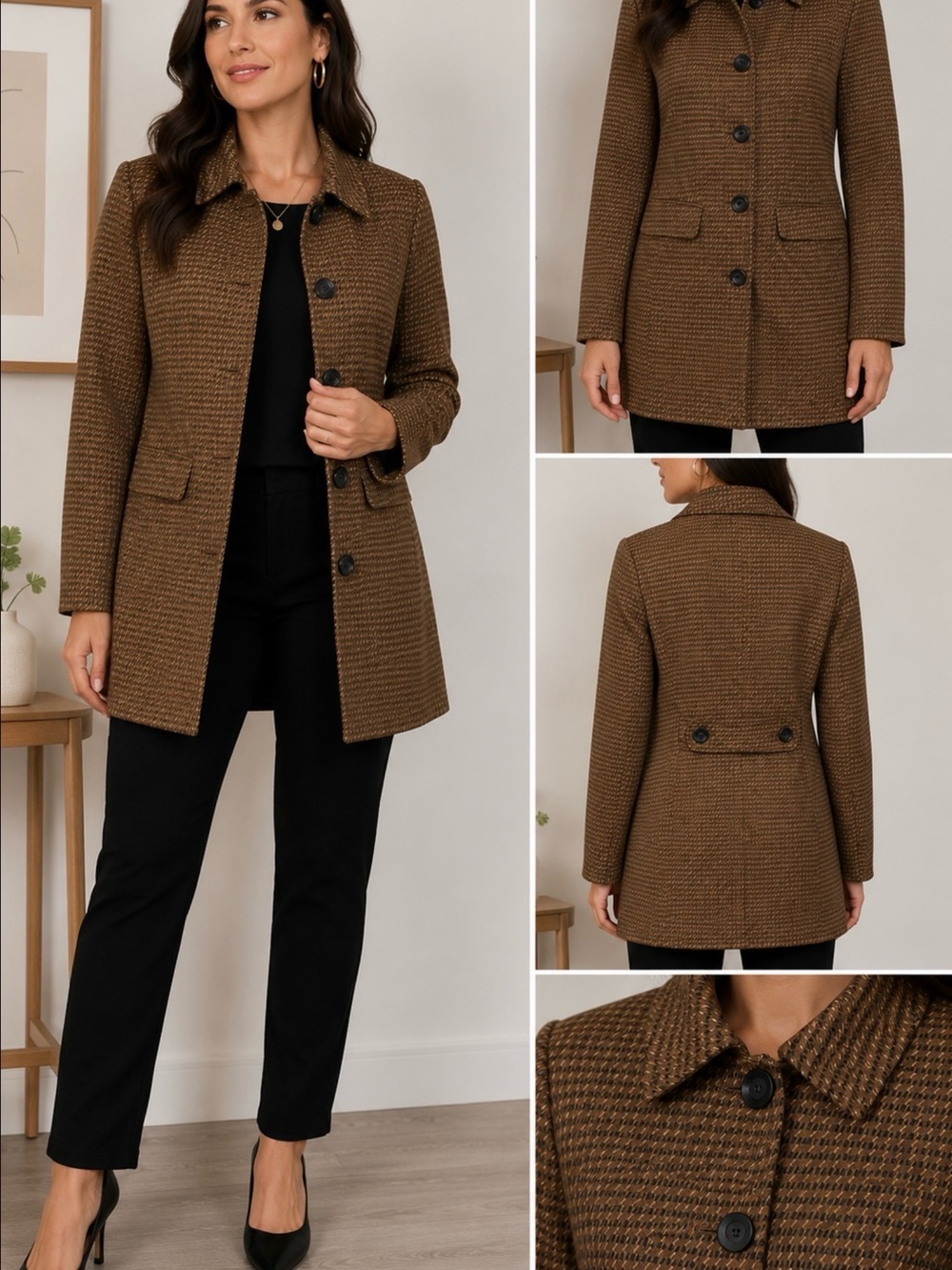Worthington Stretch Brown Geometric Long Jacket Blazer Size 4